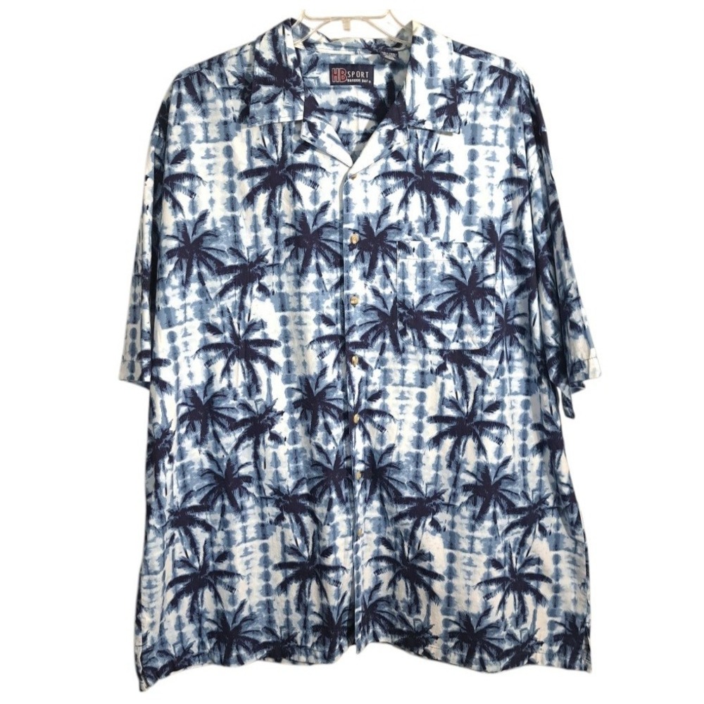 HB‎ Sport Men's Hawaiian Shirt 3XLT Blue/White Palm Trees Tropical 100% Cotton